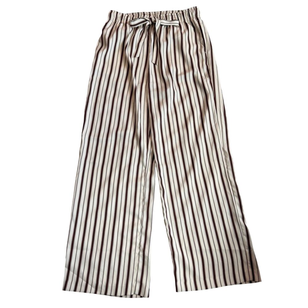 H&M Cream Brown Striped Wide Leg Pants Women's Medium Pull On Drawstring Palazzo - Picture 2 of 10